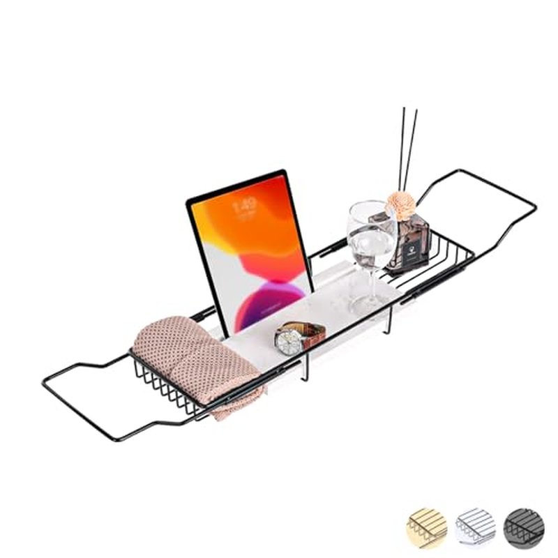 MARBBNEST Bathtub Tray Caddy for Luxury Bath Expandable Extra Wide Bath Tub Tray with Natural Marble Tray and Mobile/Tablet Stand, Ideal for Home Spa Lovers(Black + Jazz White)
