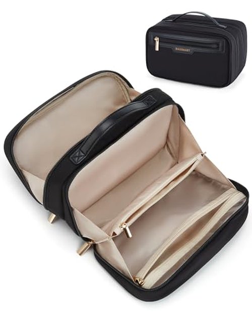 BAGSMART Travel Makeup Bag Large Capacity Cosmetic Bag, Wide-open Portable Make Up Bag Organizer for Women for Travel Essentials Travel-Size Toiletries Accessories Bottles, Brushes (Beige)