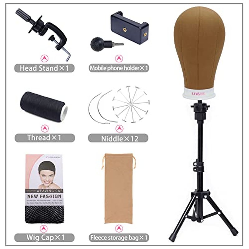 LIYATE Wig Stand 22 Inch Wig head, Wig Stand Tripod With Head, Wig Head Stands, Mannequin Head for Wigs Making Display, Wig Mannequin Head with Stand, Wig Cap, T Pins Set, Cellphone Clip and Adapter