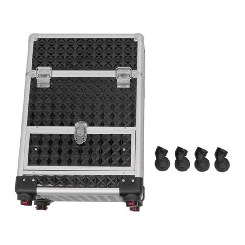 Rolling Makeup Train Case with Storage Sliding Drawer and Removable Divider, Lockable Cosmetic Travel Trolley Case with Wheels Salon Barber Travel Cart Trunk for Nail Tech Hairstylist (Black Silver)