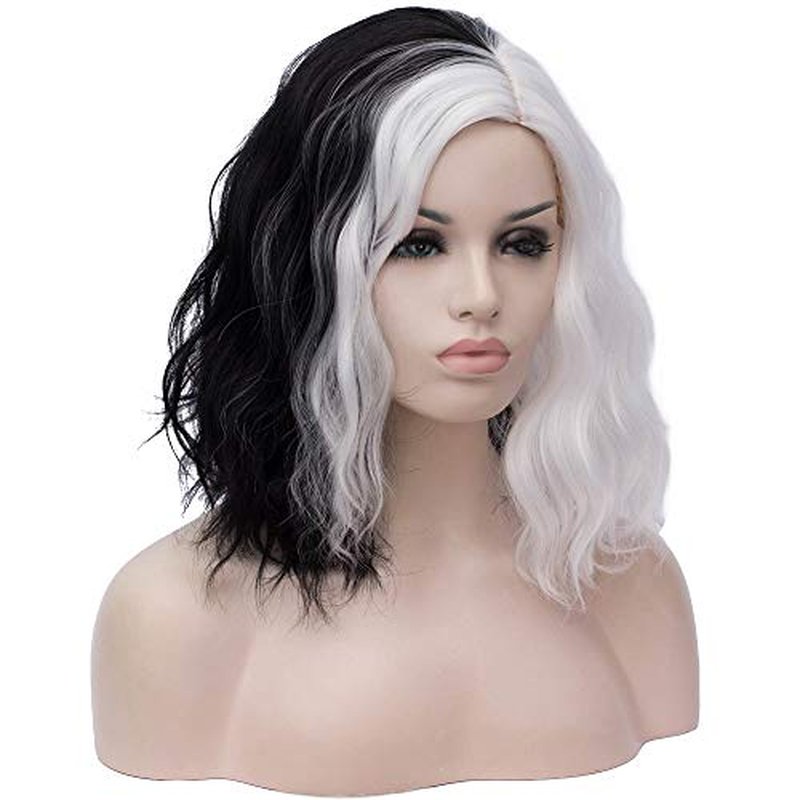 MAGQOO Black White Wig Black White Wig for Women Short Curly Wavy Hair Wigs Synthetic Heat Resistant Cosplay Costume Party Wigs
