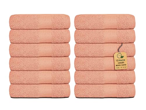 Premium Wash Cloths Pack of 12 (13" x 13" Inches)- 100% Combed Ring Spun Cotton WashCloth - Luxury Washcloths – Ultra Soft Face Towels - Highly Absorbent Wash Cloth for Face (Grey) (Coral)