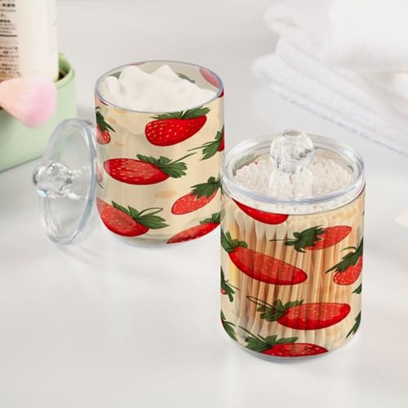 Blueangle 2 Pack Strawberry Pattern Qtip Holder Dispenser for Cotton Ball, Cotton Swab - Plastic Apothecary Jar Set for Bathroom Canister Storage Organization（896）
