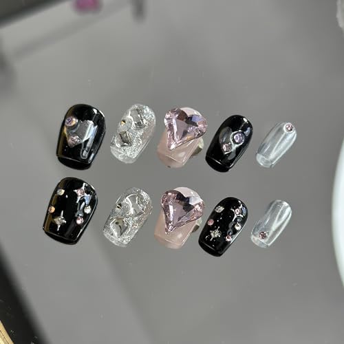 Ricefod Press on Nails Handmade Black Pink Fake Nails Press on False Nails Short Reusable Luxury Nails with Pink Love Diamond, Size:Medium