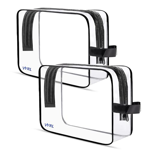VYRL 2 Pack Clear Makeup Bag - Quart Size 3-1-1 TSA Approved Toiletry Bag with Zipper - Water-Resistant Durable PVC Clear Toiletry pouches for Carry-on Airport Travel Accessories - Black