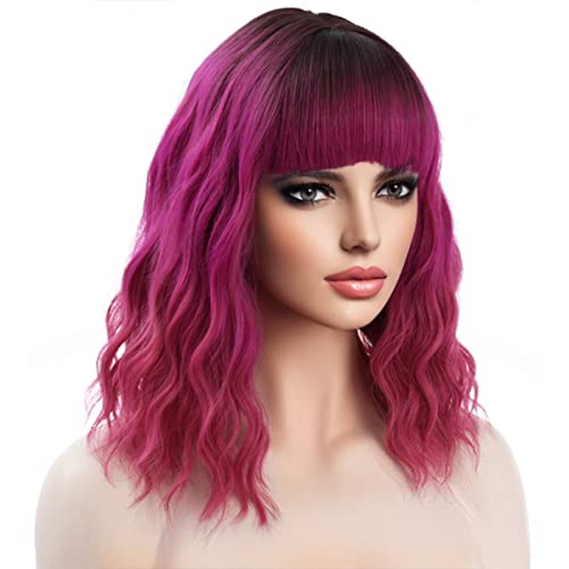MAGQOO Hot Pink Wig for Women Ombre Hot Pink Bob Wig Short Magenta Wig Bright Pink Curly Wavy Wig with Bangs Dark Roots Synthetic Heat Resistant