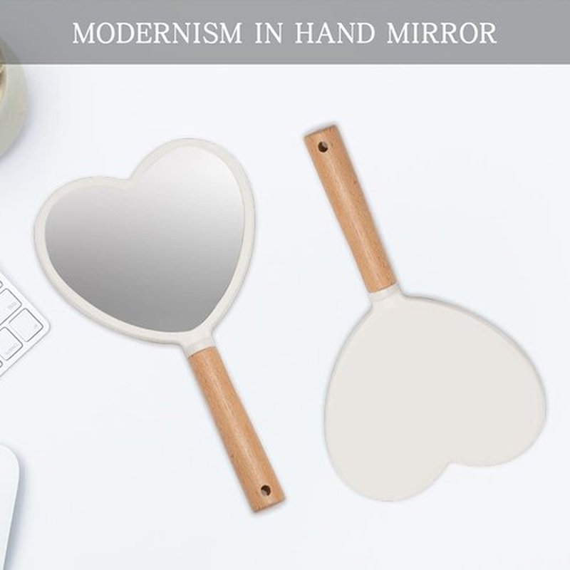 YEAKE Hand Held Mirror with Handle for Makeup,Small Cute Wood Hand Mirror for Shaving with Hole Hanging Single-Sided Portable Travel Vanity Mirror for Men&Women(Heart)