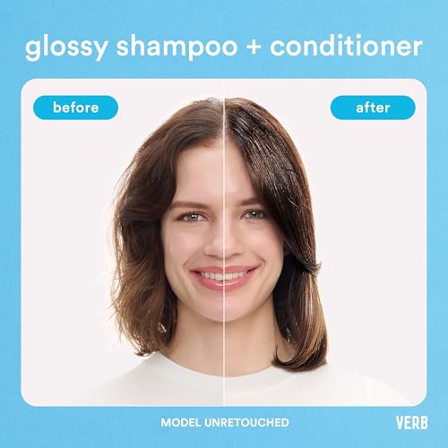 VERB Glossy Shine Spray with Heat Protection - for All Hair Types - Adds High Shine and Primes for Styling, 6.5 fl oz + VERB Glossy Shampoo, 12 fl oz + VERB Glossy Conditioner, 12 fl oz Bundle