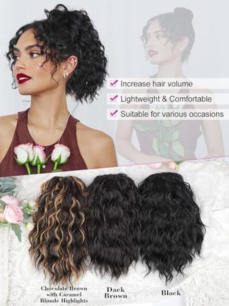 QGZ Black Ponytail Extension 14 Inch Drawstring Ponytail for Women Synthetic Short Curly Wavy Fluffy Clip in Ponytail Hair Extensions for Daily Halloween Use