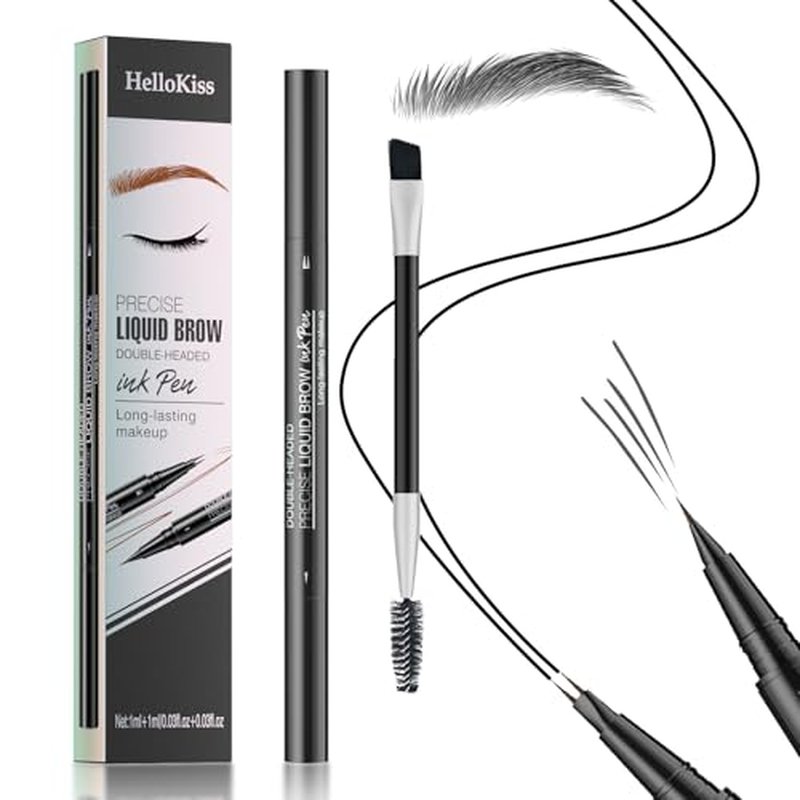 Eyebrow Pen, Curved Microblading Eyebrow Pencil, 2-in-1 Dual-Ended Natural Brow Eyebrow Pen with Micro-Fork-Tip and Precise Brush-Tip, Waterproof Long-Lasting Microblading Eyebrow Pen, Black