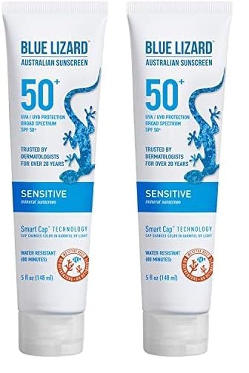 BLUE LIZARD Sensitive Mineral Sunscreen with Zinc Oxide 50+ Water Resistant UVAUVB Protection with Smart Cap Technology Fragrance Free, Sensitve, SPF 50 - - Tube, Unscented, 5 Fl Oz (Pack of 2)