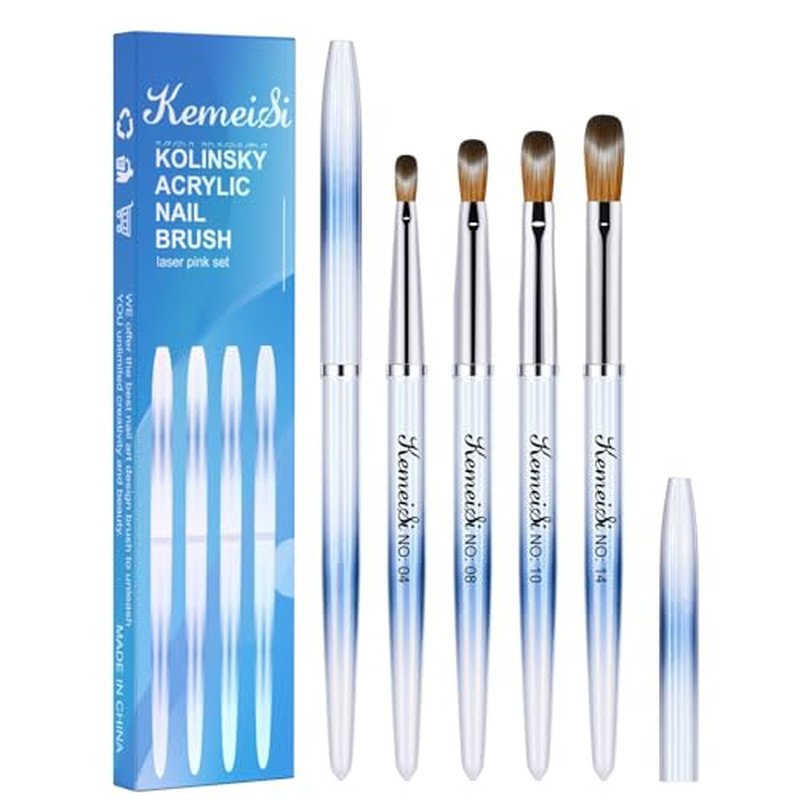 KEMEISI 4PCS Acrylic Nail Brush Set, Size 04/08/10/14 Kolinsky Nail Art Brushes for Acrylic Application, Sturdy Handle Oval Shaped Acrylic Powder Nail Design Tools for Professional Manicure DIY Home