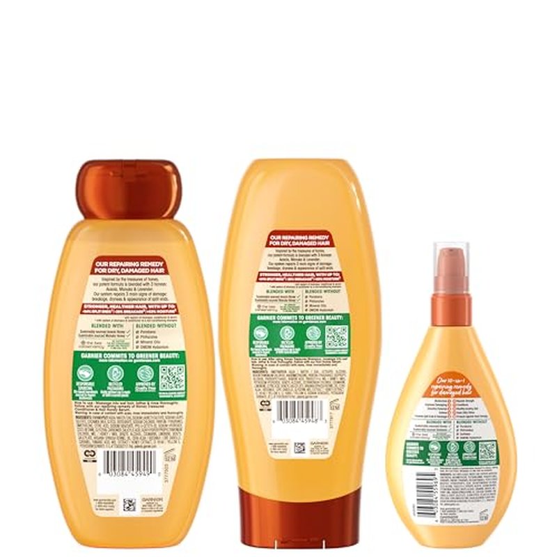 Garnier Whole Blends Honey Treasures Repairing Shampoo, Conditioner + Miracle Nectar Leave-In Set for Dry, Damaged Hair (3 Items), 1 Kit (Packaging May Vary)