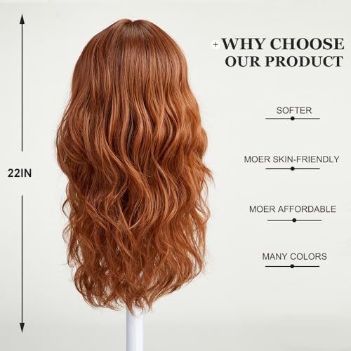 Esmee Long Wavy Wine Auburn Wigs for Women Natural Synthetic Hair Heat Resistant Wigs with Bangs for Daily Party Cosplay Use 22 Inches