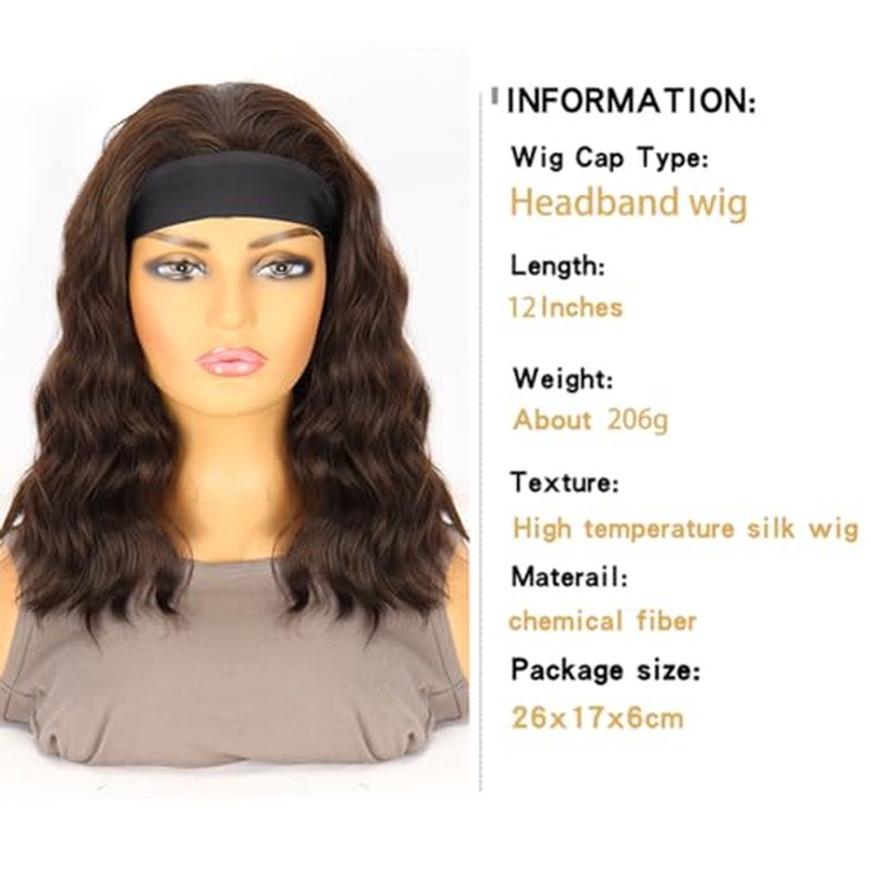 Gusif Headband Wig Short Wavy Wigs for Black Women Bob Wig Glueless Synthetic Shoulder Length Wigs 14 Inch Headwrap Wigs with Headband Attached (#6/8)