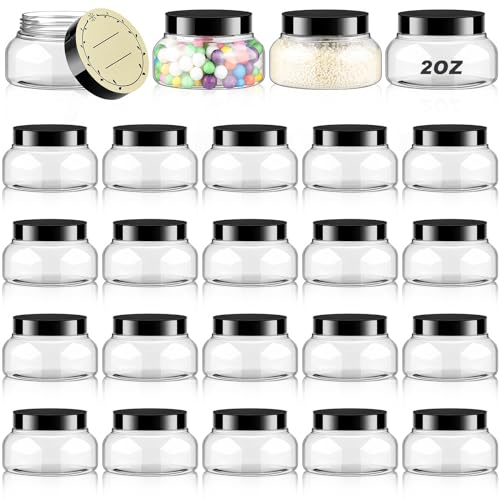 Tessco 24 Pack Plastic Jars with Lids Labels Plastic Containers Round Refillable Cosmetic Containers Empty Body Butter Jars Sugar Scrub Containers for Cosmetics (Black,5 oz)