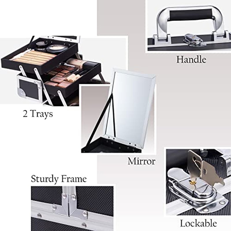 FRENESSA Makeup Train Case Cosmetic Organizer Case Portable Makeup Box with Mirror 2 Trays Lockable Make up Travel Storage Case for Makeup Artist, Nail Kits, Makeup Tools Makeup Case Modern Black
