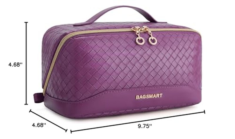 BAGSMART Makeup Bag Cosmetic Bag, Travel Makeup Bag, PU leather Makeup Bags for Women Portable Water-resistent Pouch Open Flat Make Up Organizer Bag for Toiletries, Brushes, PU Leather Purple