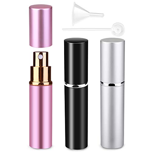 Zingso Refillable Travel Perfume Atomizer Bottles, 3 Pcs 10ml Mini Portable Spray Bottles Refillable Perfume Aftershave Atomizer Empty Travel Bottles with Funnel (10ml (Black+Silver+Pink))