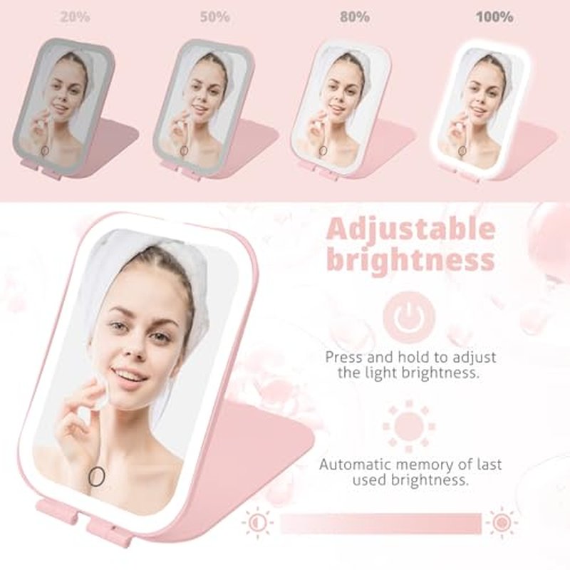 Puiuisoul Travel Makeup Mirror, Portable Mirror with Light, 3 Adjustable Light Settings USB-Rechargeable Vanity Mirror for Bedroom, Office, Home, Gift for Women and Girls (Pink)
