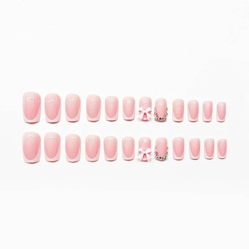 24Pcs White French Tip Press on Nails Short Square Fake Nails with Bow Rhinestones French Coffin Nails Full Cover Pink Acrylic False Nails Glue on Nails Full Cover Glossy Acrylic Nails for Women