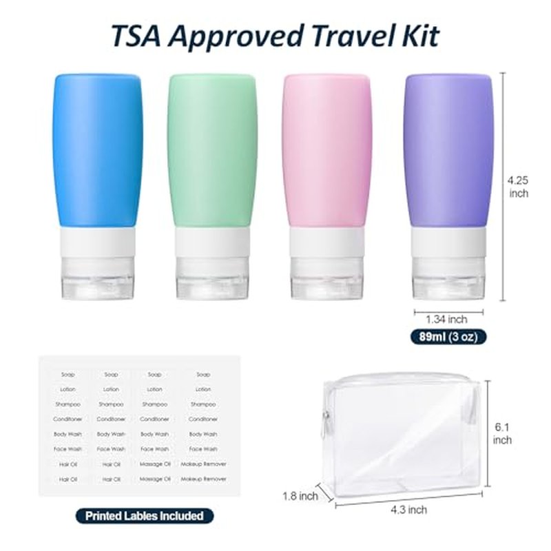 PACKISM TSA Approved Travel Bottles - 5 Pack Leakproof Silicone 3oz Travel Bottles for Toiletries with Clear Makeup Bag, Travel Accessories for Shampoo Conditioner Lotion Body Wash(BPA Free)