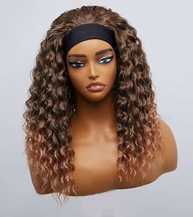 cuiud Headband Wig for Black Women 20Inch Black Curly Wavy Headband Wigs Water Wave Hair Wig Synthetic Black Wigs None Lace Front Wig (Natural Black 1B)