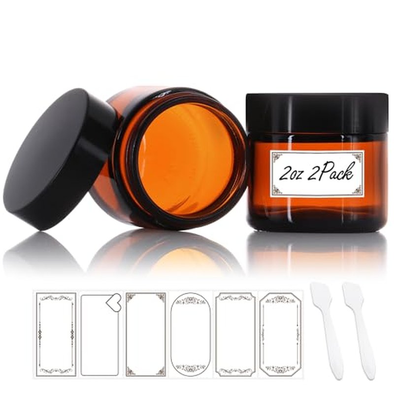 2 Pack 2 oz Amber Glass Jars with lids, Cosmetic Jars with Inner Liners and Black Lids, Lotion Jars, Candle Making Jars for Lotions, Scrubs and Cosmetic, Lables and Spatulas Include