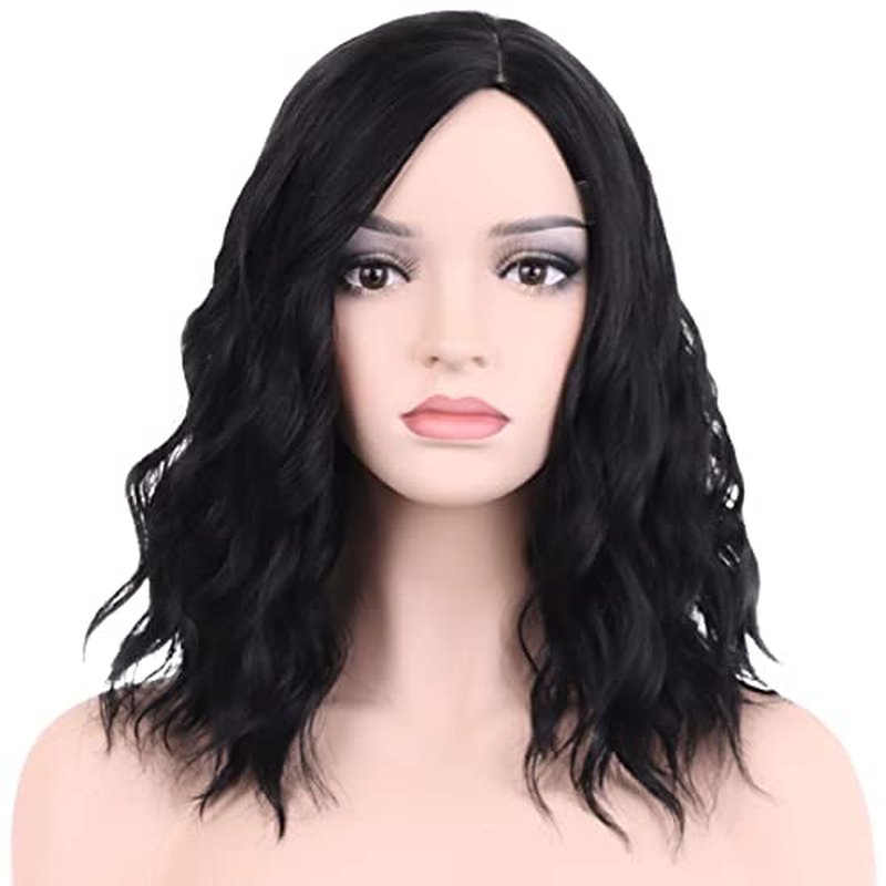 BERON 14" Women Girls Short Curly Wavy Bob Wig Rose Net with Wig Cap (Black)