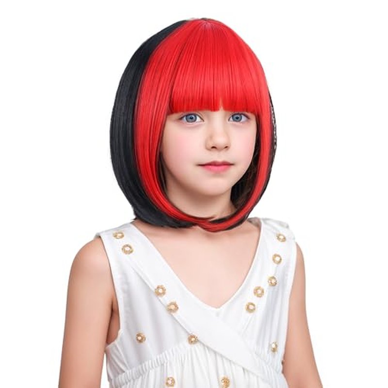 Edivd Girls Black Mixed Red Bob Wig Short Black and Red Bob Wig with Bangs for Kids Heat Resistant Synthetic Wig with Wig Cap
