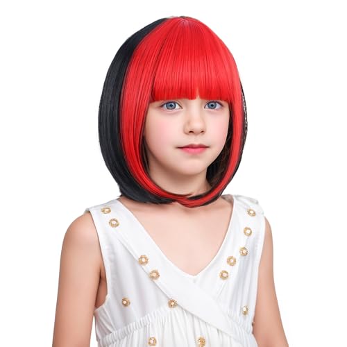Edivd Girls Black Mixed Red Bob Wig Short Black and Red Bob Wig with Bangs for Kids Heat Resistant Synthetic Wig with Wig Cap