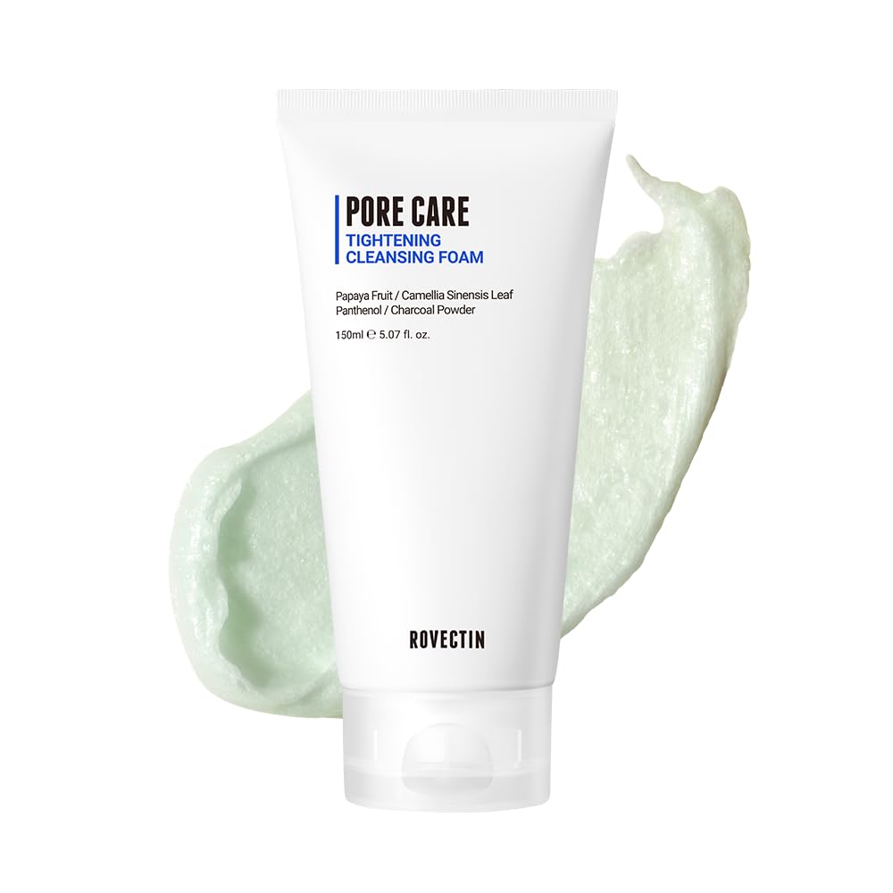 ROVECTIN Pore Tightening Cleansing Foam | Green Papaya, Glycerin, Charcoal Powder, AHA/BHA/PHA for Refining Pore Size, Non-Irritating | Oily, Dull Skin | Vegan (5.07 fl. oz.,150 ml)
