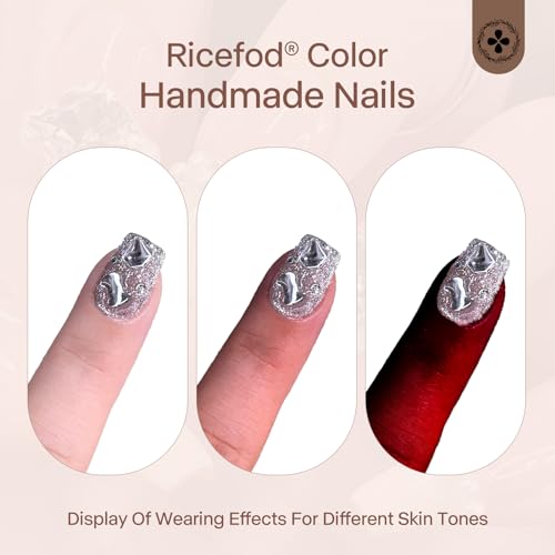 Ricefod Press on Nails Handmade Black Pink Fake Nails Press on False Nails Short Reusable Luxury Nails with Pink Love Diamond, Size:Medium