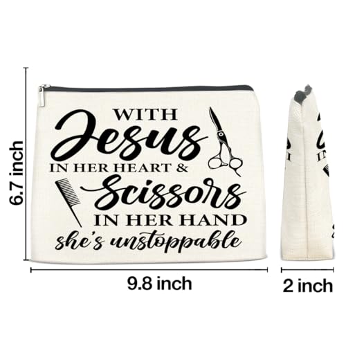 Hair Stylist Gifts for Women Cosmetic Bag - Hairstylist Gift Small Makeup Bag - with Jesus in Her Heart and Scissors in Her Hand Zipper Makeup Pouch (1Pcs)