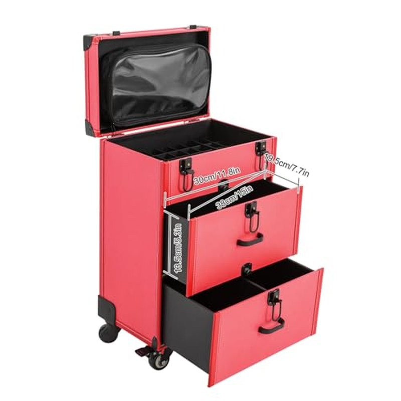 PalaUha Rolling Makeup Train Case Professional Cosmetic Organizer Trolley with Drawers Compartment Nail Case Wheeled Manicure Pedicure Storage Case for Hair Stylists Makeup Artists (Pink & Black B)