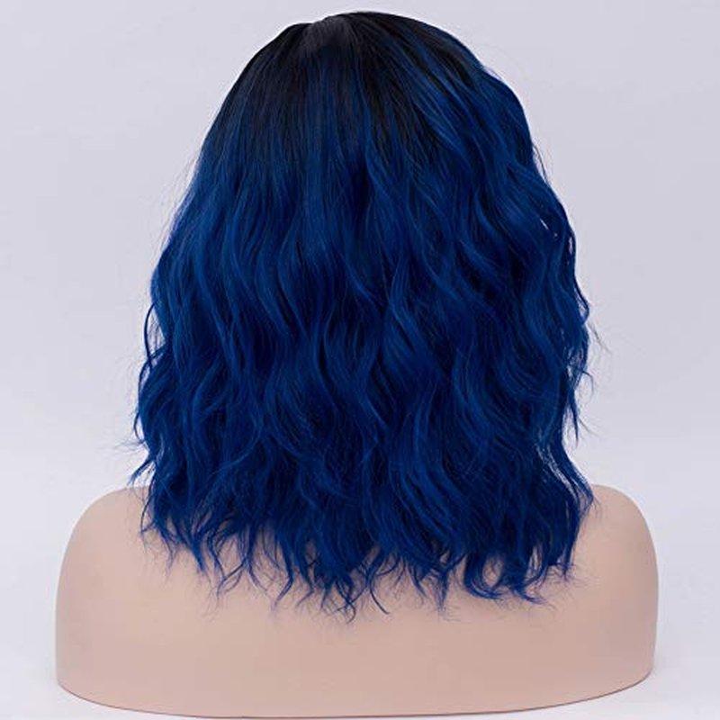 BERON Black and Blue Wigs for Women Girls Short Curly Bob Wavy Hair Wig Ombre Dark Blue Body Wave Heat Resistant Synthetic Cosplay Daily Party Wigs
