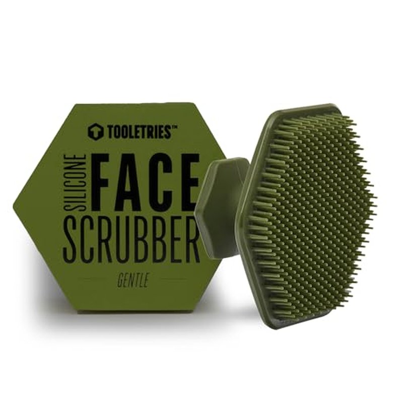 Tooletries - Men's Face Scrubber - Silicone Facial Cleansing Brush, Gentle Exfoliator Pad & Soft-Touch Massager - Removes Dead & Dry Skin - Long Lasting Bathroom & Shower Accessories - Army Green