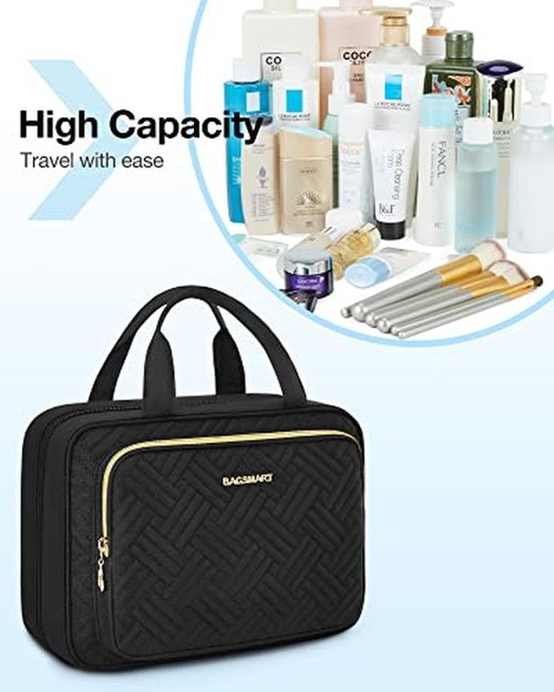 BAGSMART Toiletry Bag Hanging Travel Makeup Organizer with TSA Approved Transparent Cosmetic Bag Makeup Bag for Full Sized Toiletries, Medium-Black