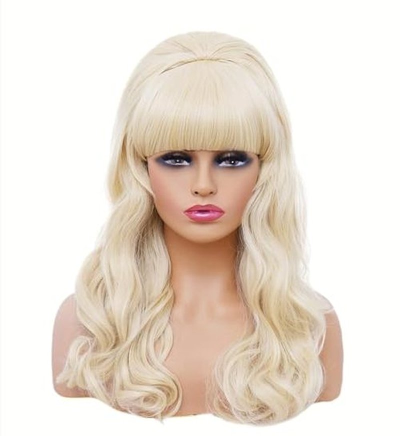 Gerulyss Retro Black Wig for 50S 60S 70S Beehive Long Wavy Wig for Women with Bangs Big Bouffant Costume Wig for Halloween,Party,Daily Use