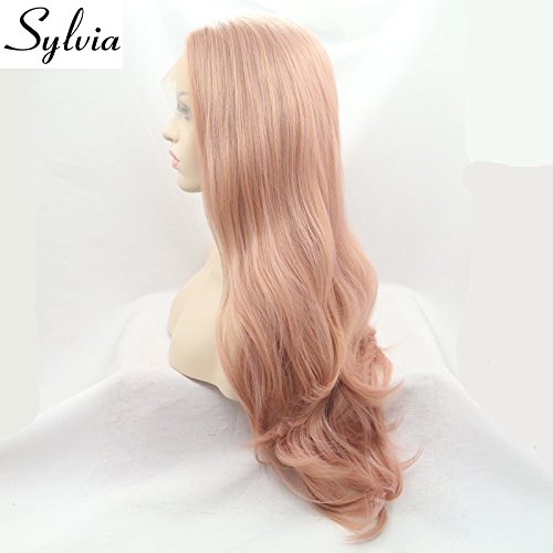 Sylvia Peach Pink Lace Front Wigs Long Curly Wave Layered Dusty Pink Heat Safe Synthetic Hair Lace Front Wigs Decent Parting Space Transparent Lace for White Pale Scalp for Drag Queen…