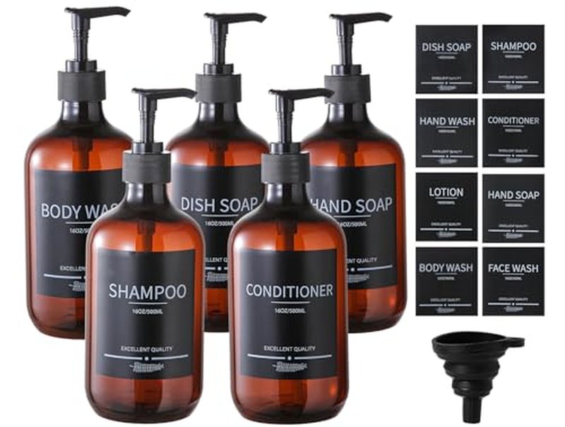 Mithrgrous 5Pack Amber Shower Bottles Refillable with Labels,16.9oz(500ml) Reusable Shampoo and Conditioner Bottles,Shampoo Dispenser Bottles,Shampoo and Conditioner Bottles