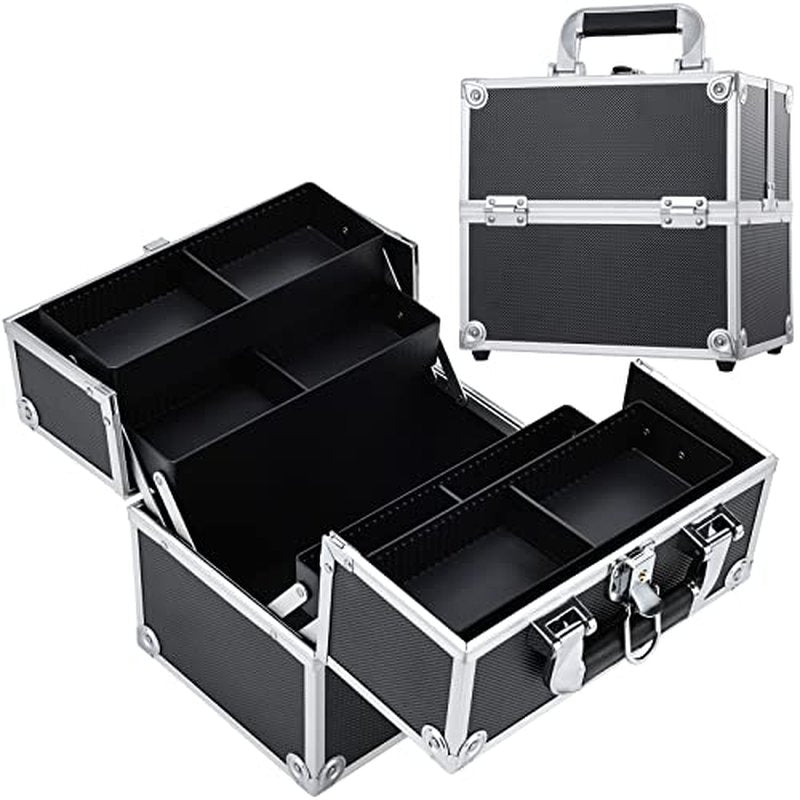 Frenessa Makeup Train Case Cosmetic Organizer Case Professional Makeup Storage Box 4 Trays with Divider Lockable Travel Case Portable Travel Makeup Box for Makeup Artist, Carfter, Cosmetics Black