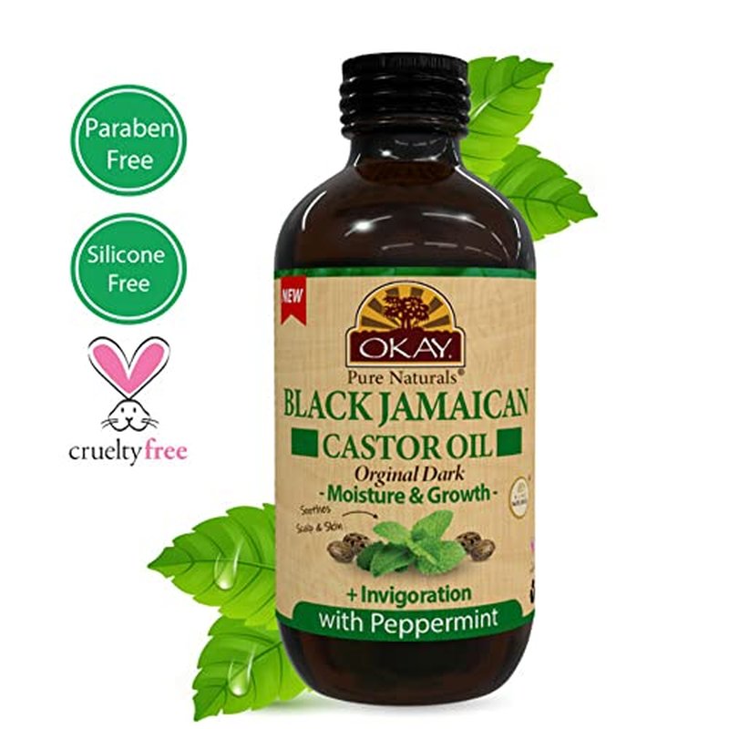 OKAY Pure Naturals Black Jamaican Castor Oil - Castor Oil for Hair Growth, Moisture for Skin, Face, Scalp, Eyelashes, Eyebrows - Hair Oil for Men & Women - Peppermint, 4 oz Glass Bottle