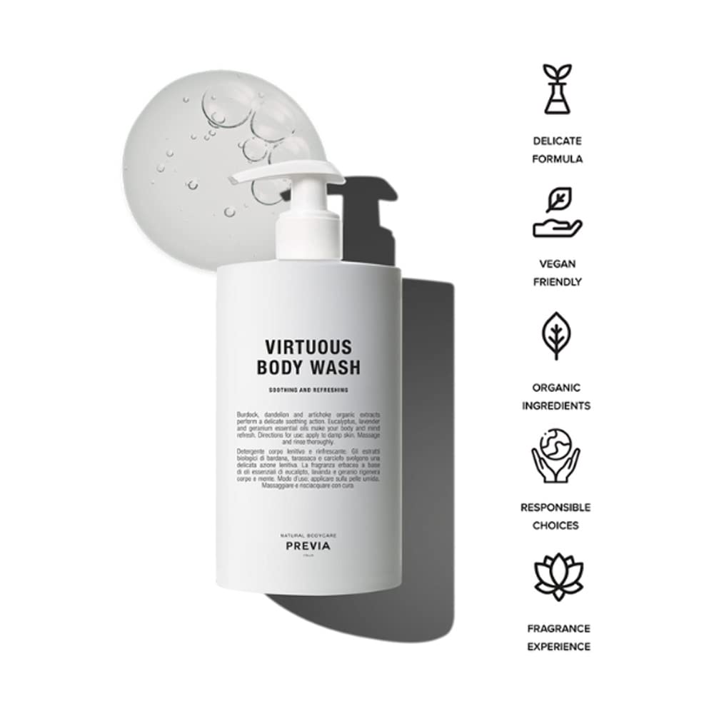 PREVIA Virtuous Body Wash - Soothing Shower Gel for Sensitive Skin - Refreshing and Gentle Cleansing - With Eucalyptus, Lavender, and Geranium Essential Oils - 16.9 oz