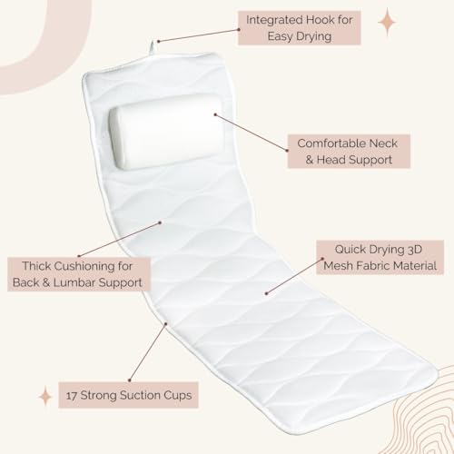 Full Body Bath Pillow for Bathtub - Bath Cushion for Tub and Bathtub Backrest - Bath Essential for Women. Our Bath Tub Pillow Full Body is an Ideal Bathtub Accessory for Relaxing Bath Gifts for Women