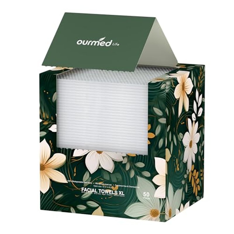 Ourmed Life Disposable Face Towels, Clean Facial Wash Cloth without Lint, Biodegradable Cleansing Dry Wipes, Skincare and Makeup Remover Towels for Sensitive Skin (Unscented, 50 Count, Pack of 1)