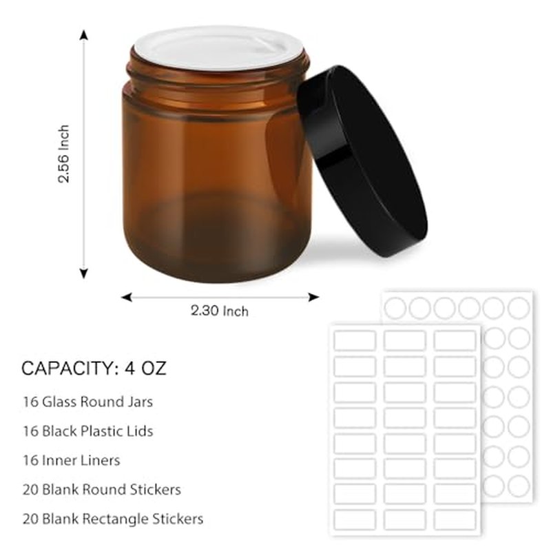 16 Pack, 4 oz Glass Jars with Lids, Amber Glass Jars Small Glass Containers Spice Container for Slime, Makeup, Cream, Lotion, Cosmetic