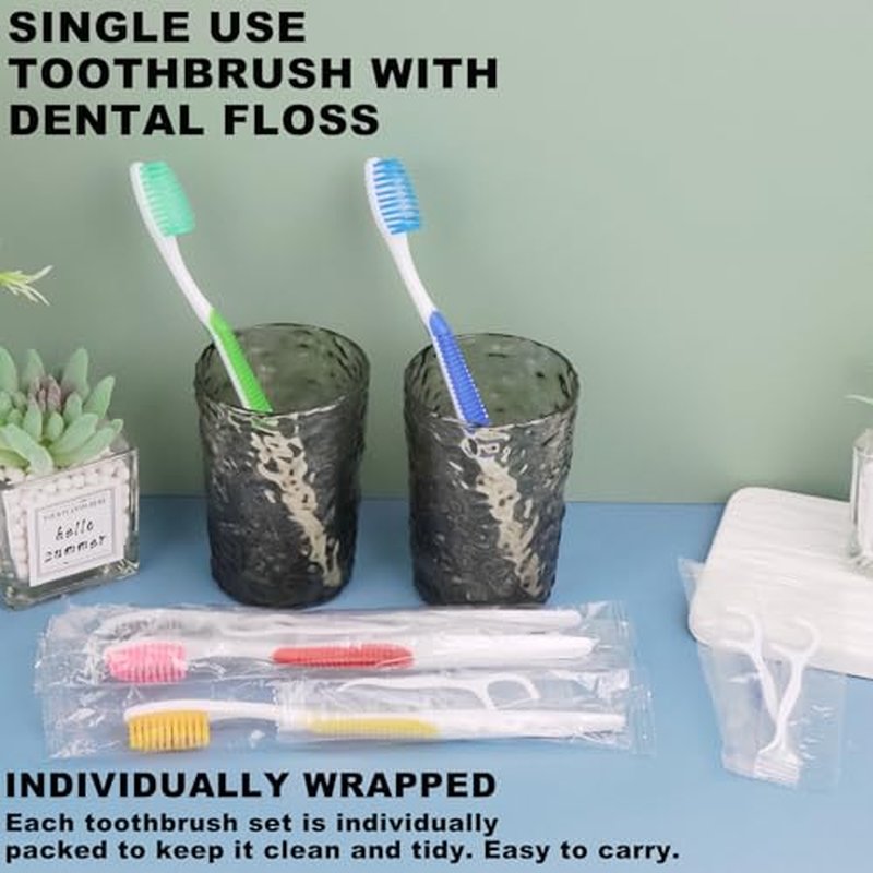 HAIFOTRVA 10Packs Disposable Toothbrushes with Floss,Single Use Individually Wrapped Disposable Travel Toothbrushes and Dental Floss Kit Bulk for Homeless,Airbnb,Dentist,Hotel(5 Colors)