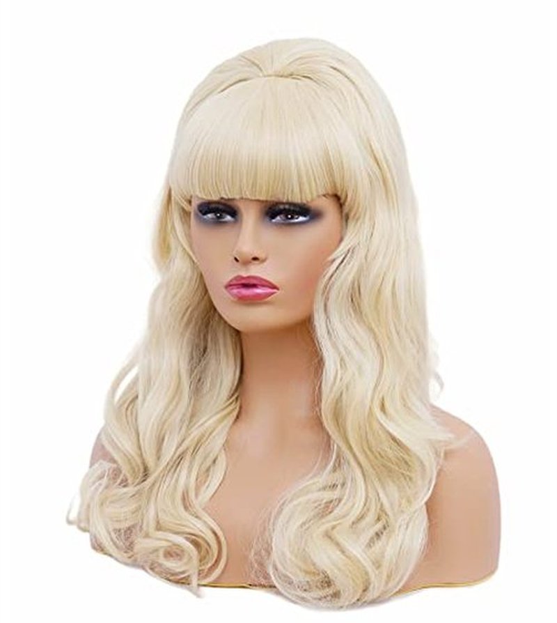 Gerulyss Retro Black Wig for 50S 60S 70S Beehive Long Wavy Wig for Women with Bangs Big Bouffant Costume Wig for Halloween,Party,Daily Use