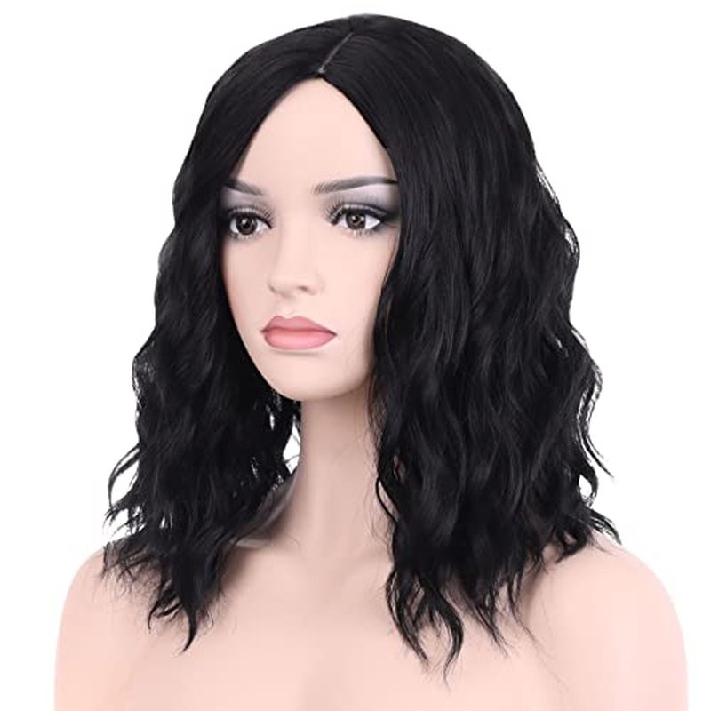 BERON 14" Women Girls Short Curly Wavy Bob Wig Rose Net with Wig Cap (Black)